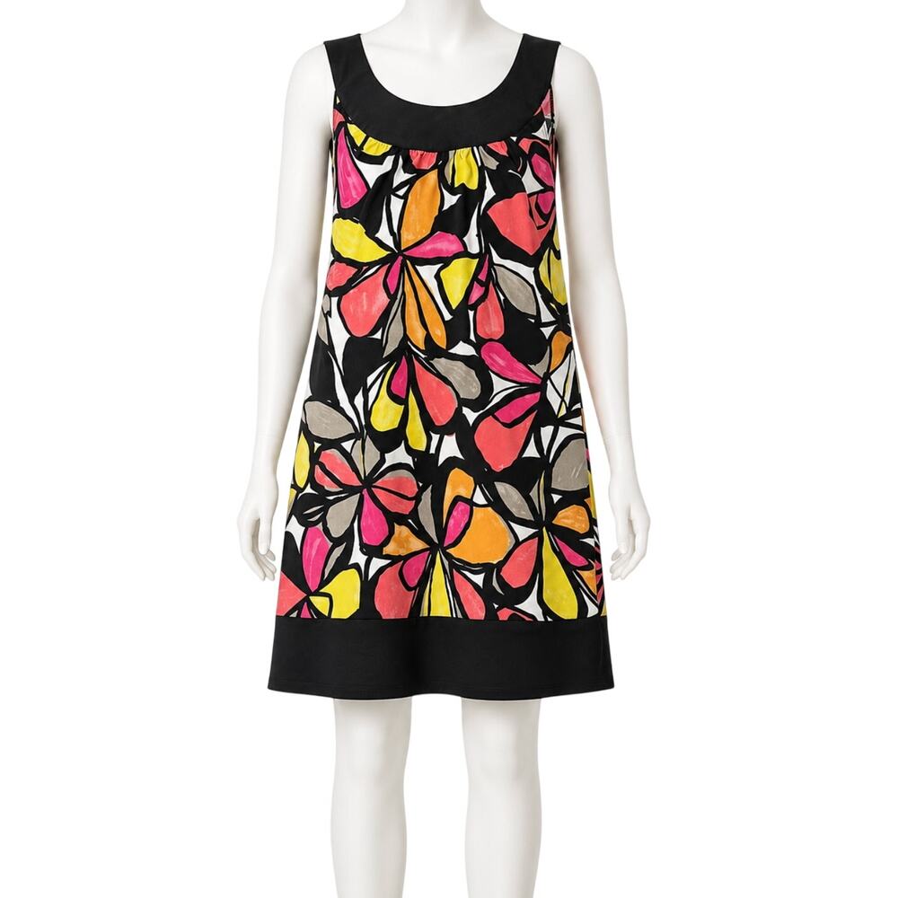 Y2K 2000s Retro Dress L Pink Yellow Black Colorful Sleeveless Mod Pop Art Preppy